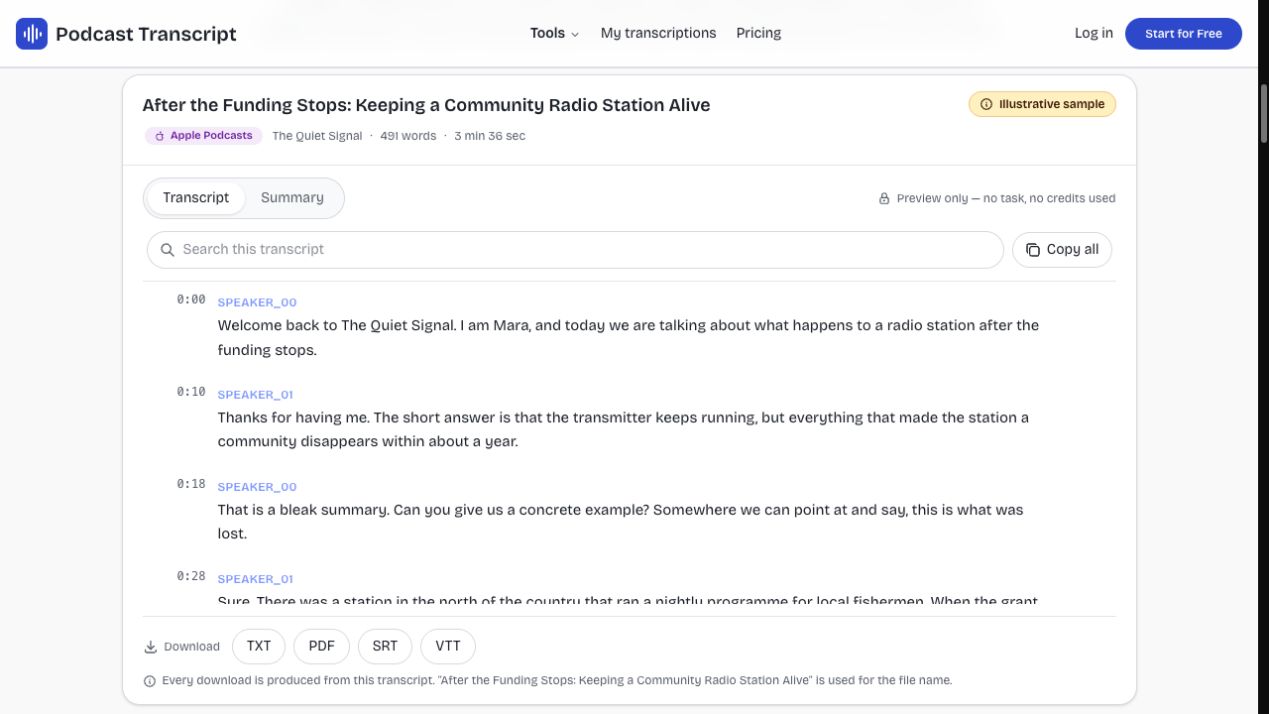 The finished transcript with its download buttons