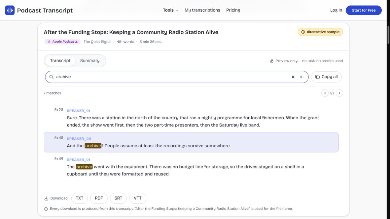 The transcript reader with search, timestamps and speaker labels