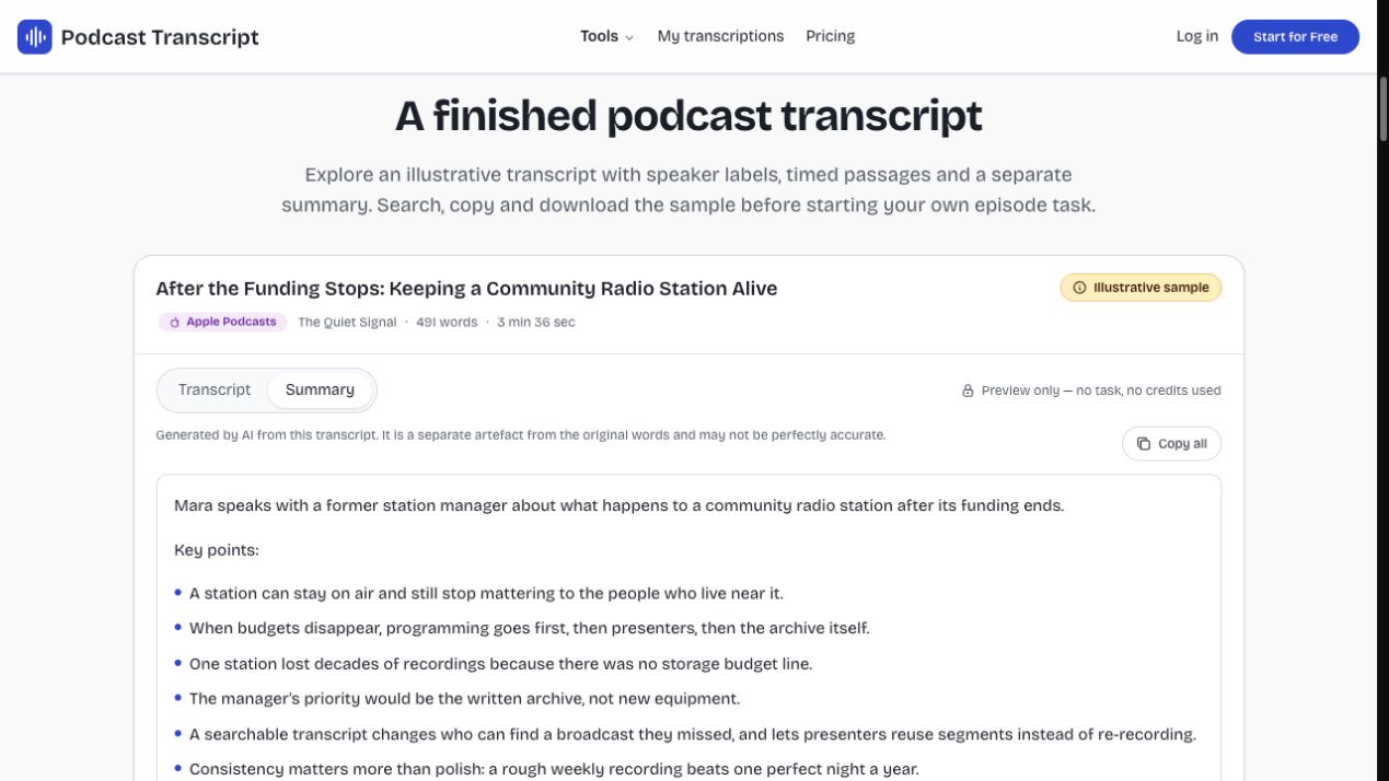 The optional AI summary beside an illustrative podcast transcript